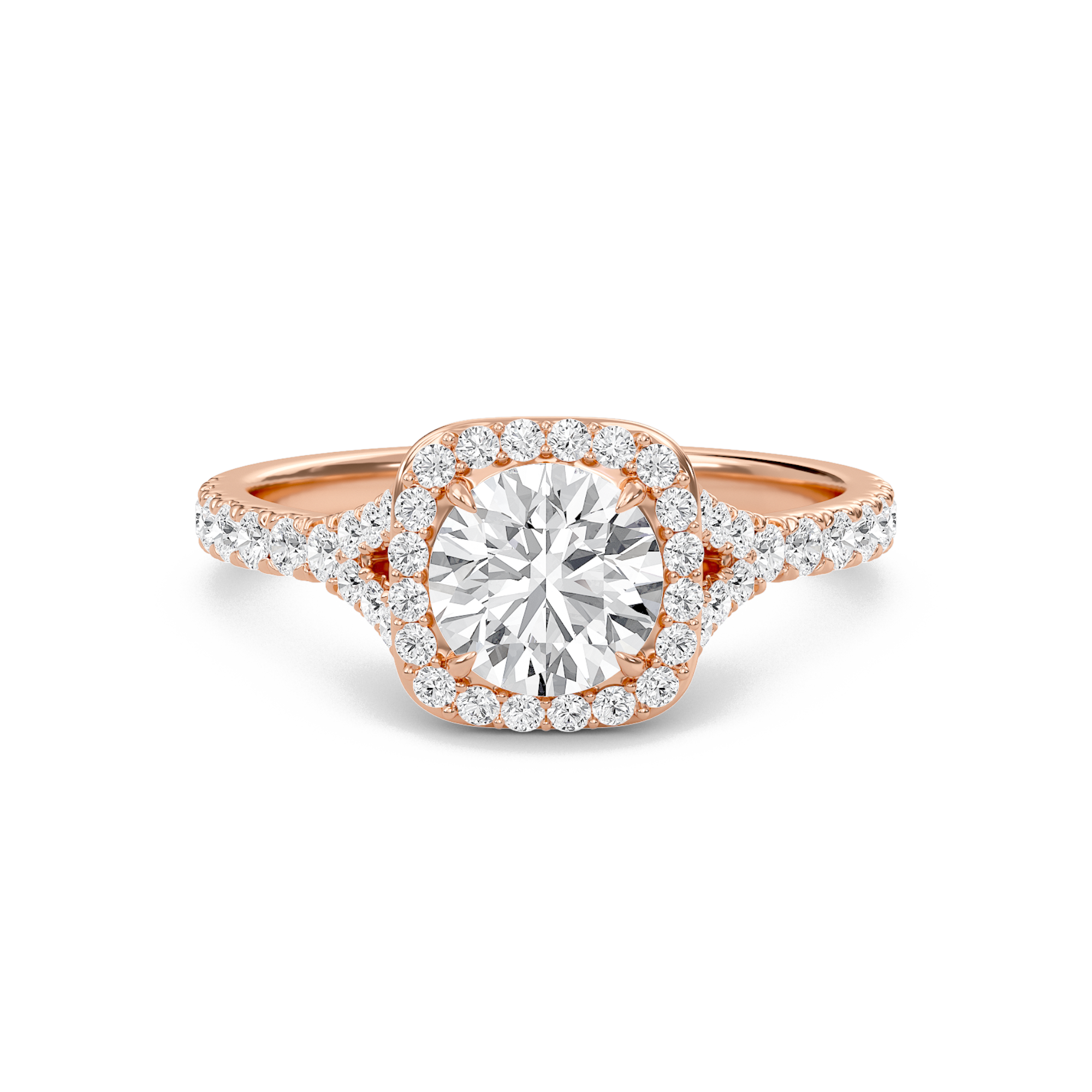 Round Halo Split Shank Engagement Ring