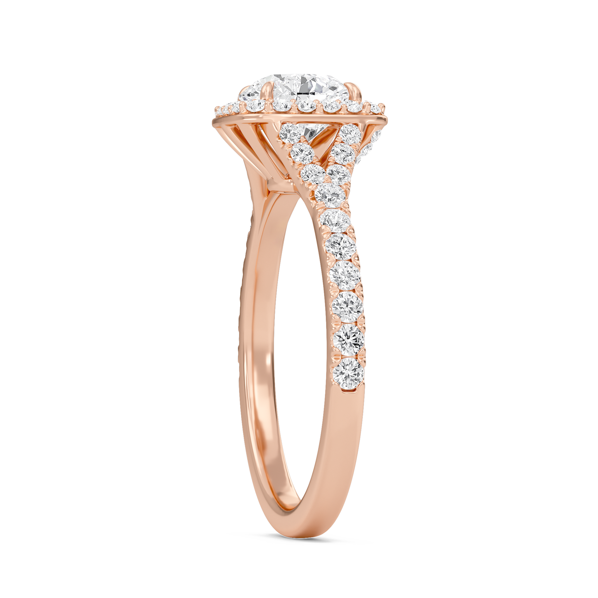 Round Halo Split Shank Engagement Ring