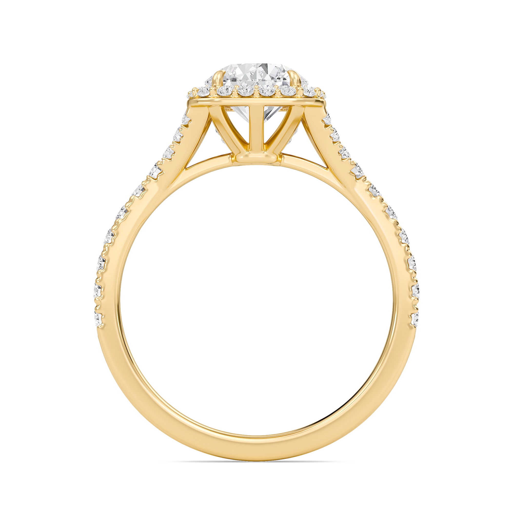 Round Halo Split Shank Engagement Ring