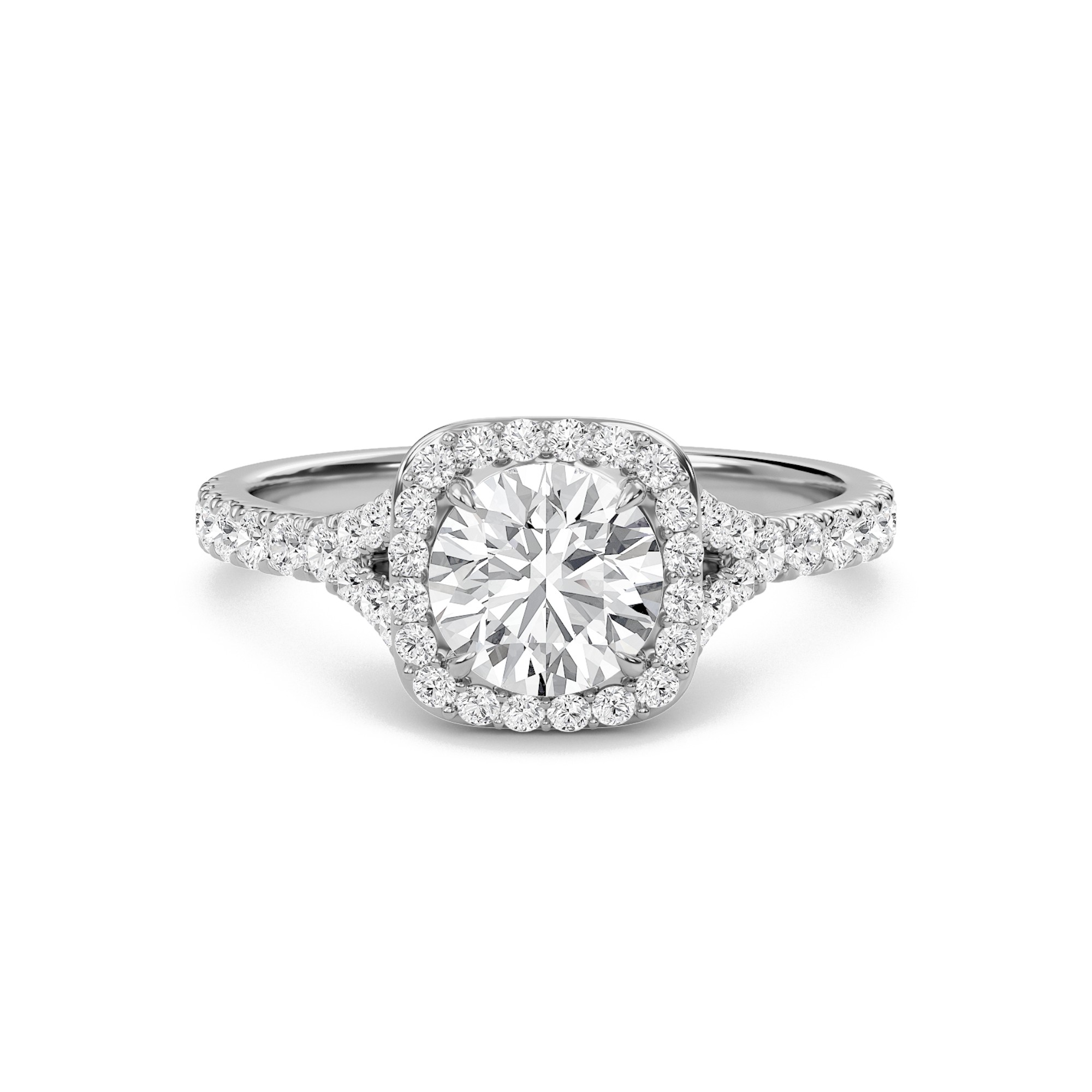 Round Halo Split Shank Engagement Ring
