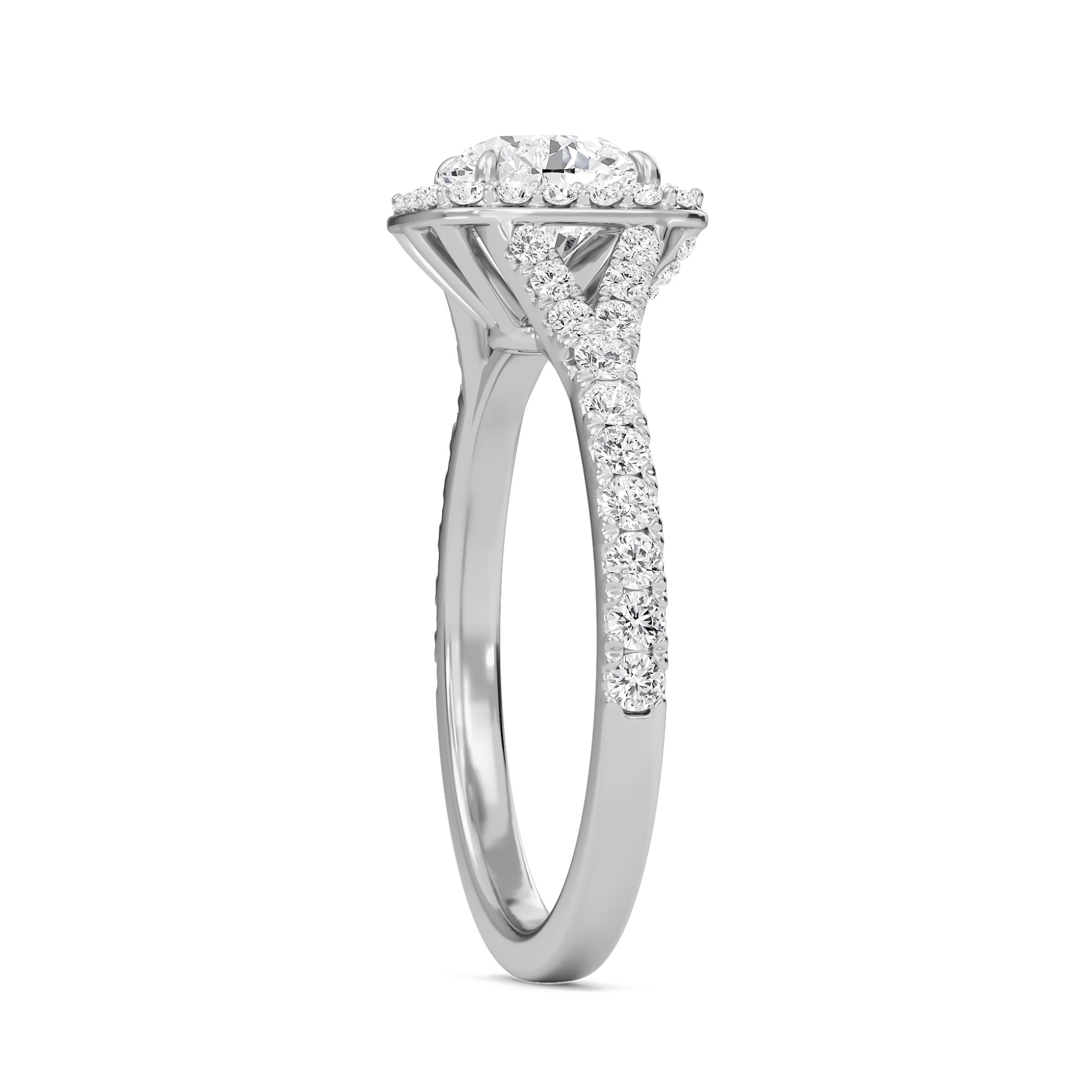Round Halo Split Shank Engagement Ring