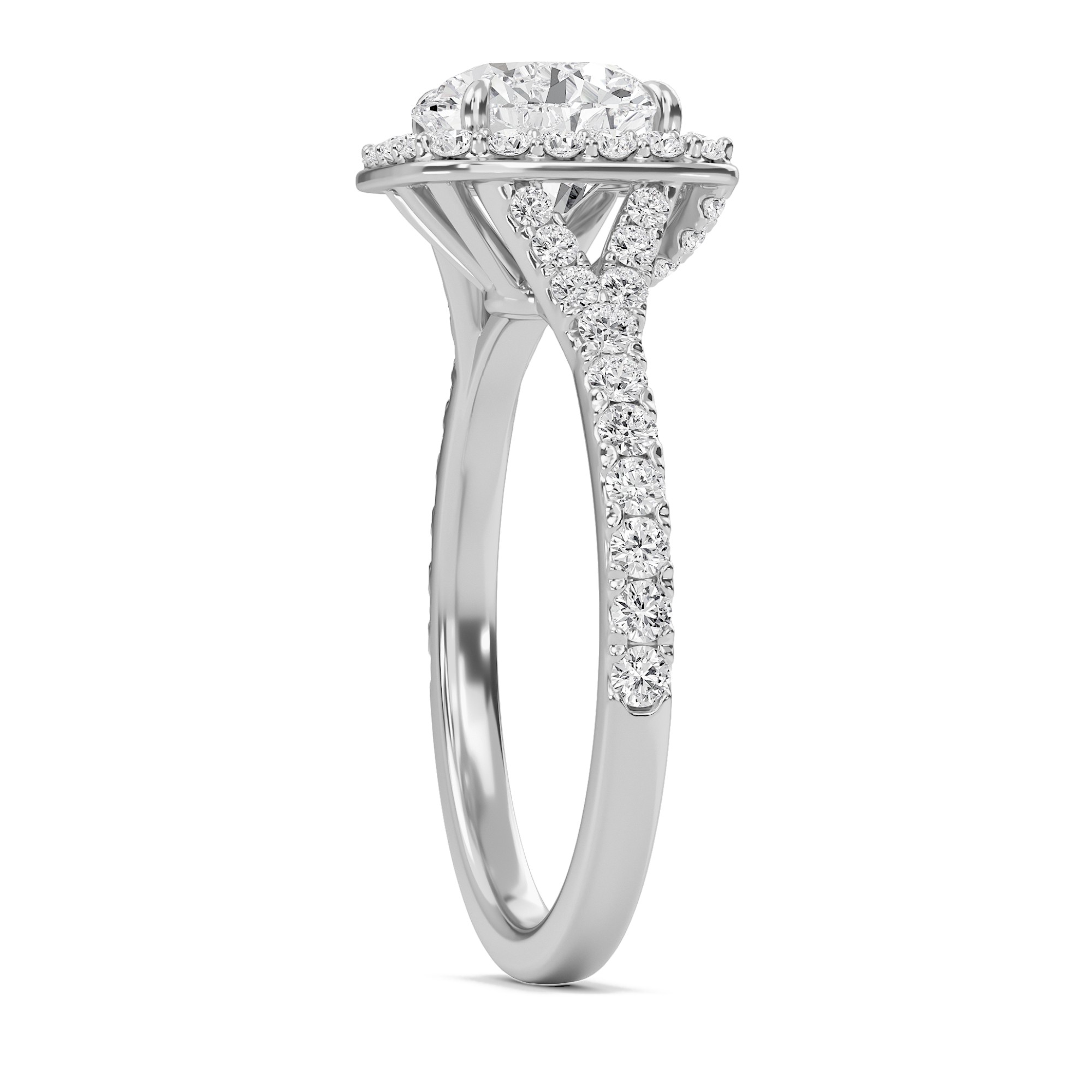 Round Halo Split Shank Engagement Ring