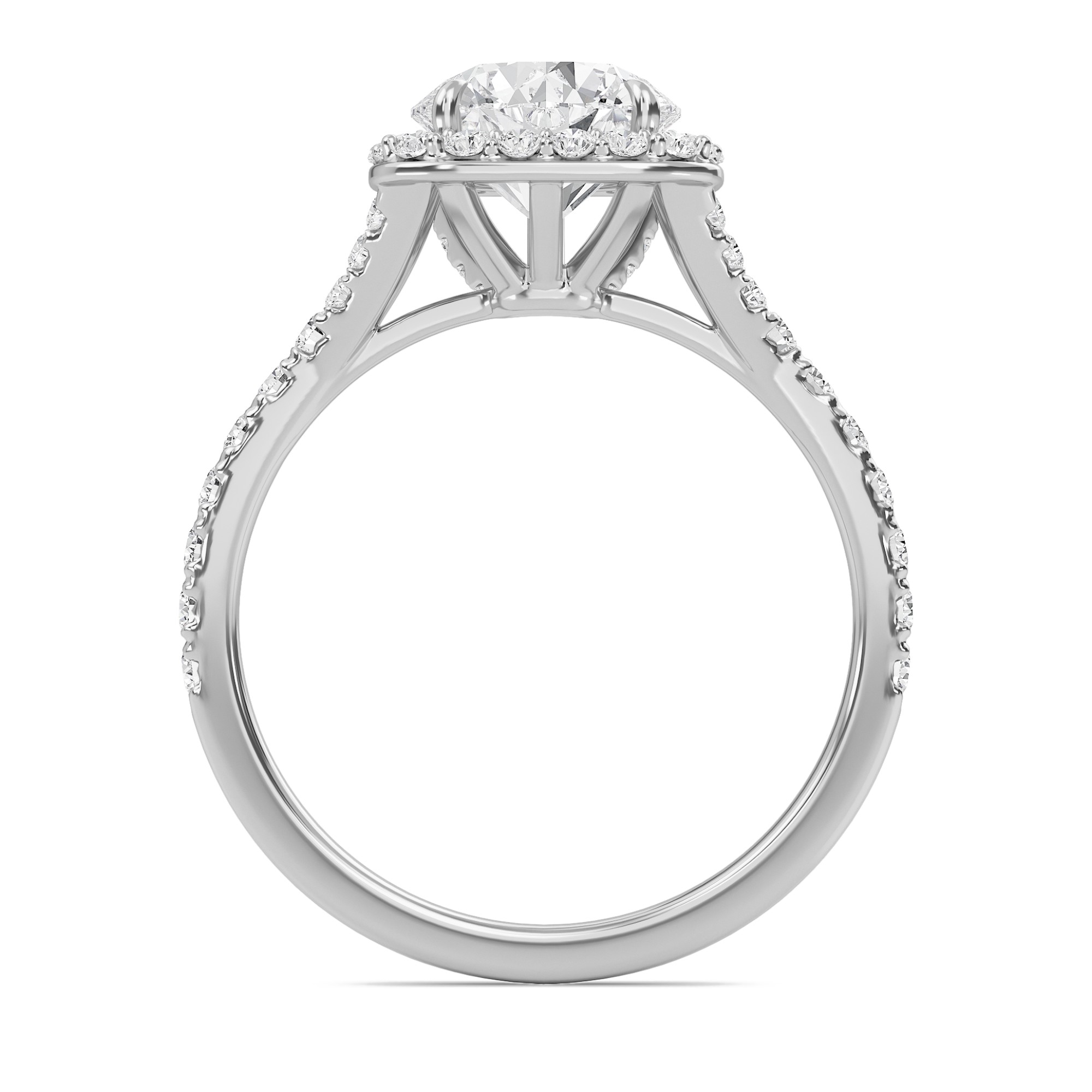 Round Halo Split Shank Engagement Ring