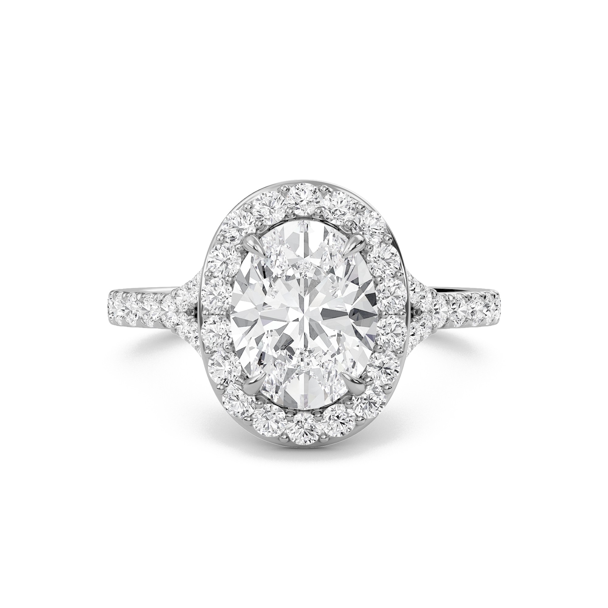 Oval Halo Split Shank Engagement Ring