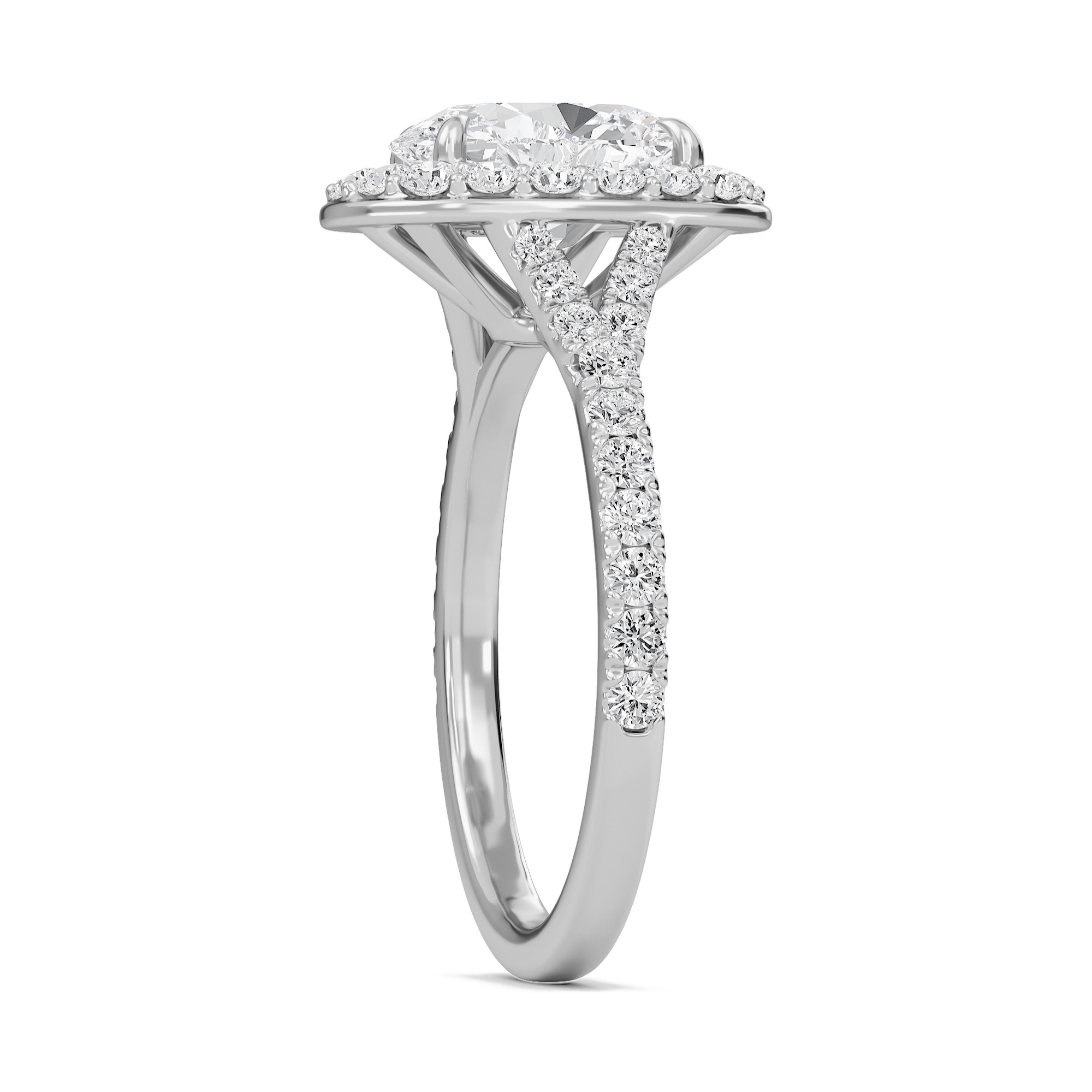Oval Halo Split Shank Engagement Ring