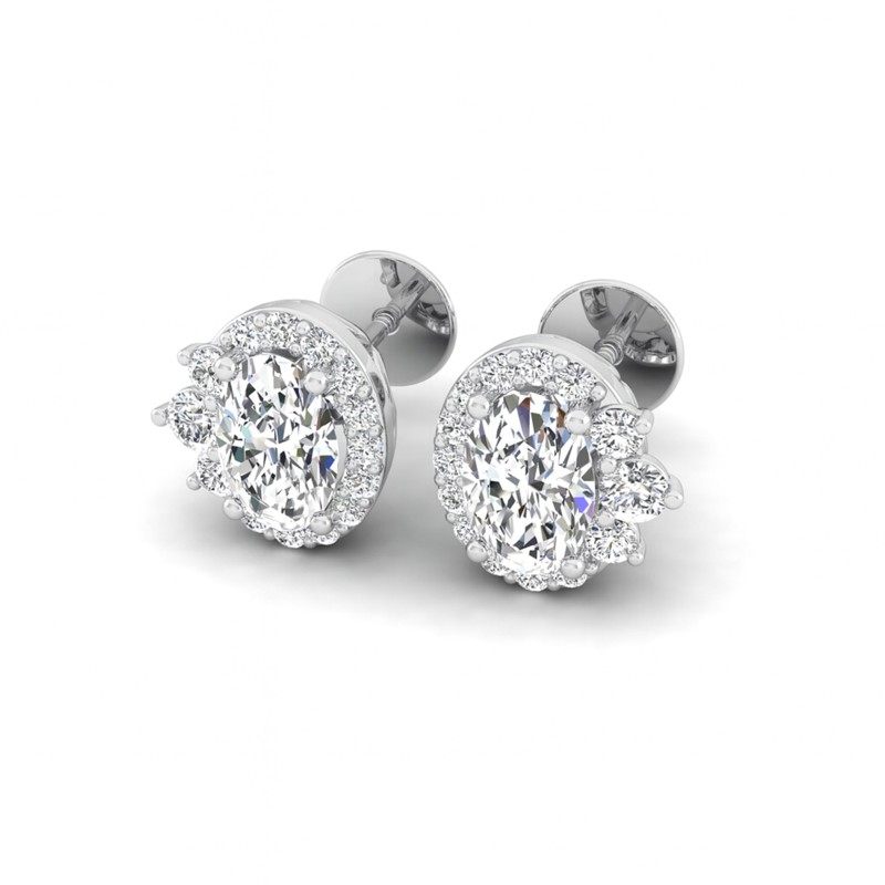11/4 Cts. Oval Center 3 Stone Halo Ear Stud