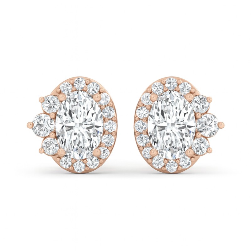 11/4 Cts. Oval Center 3 Stone Halo Ear Stud