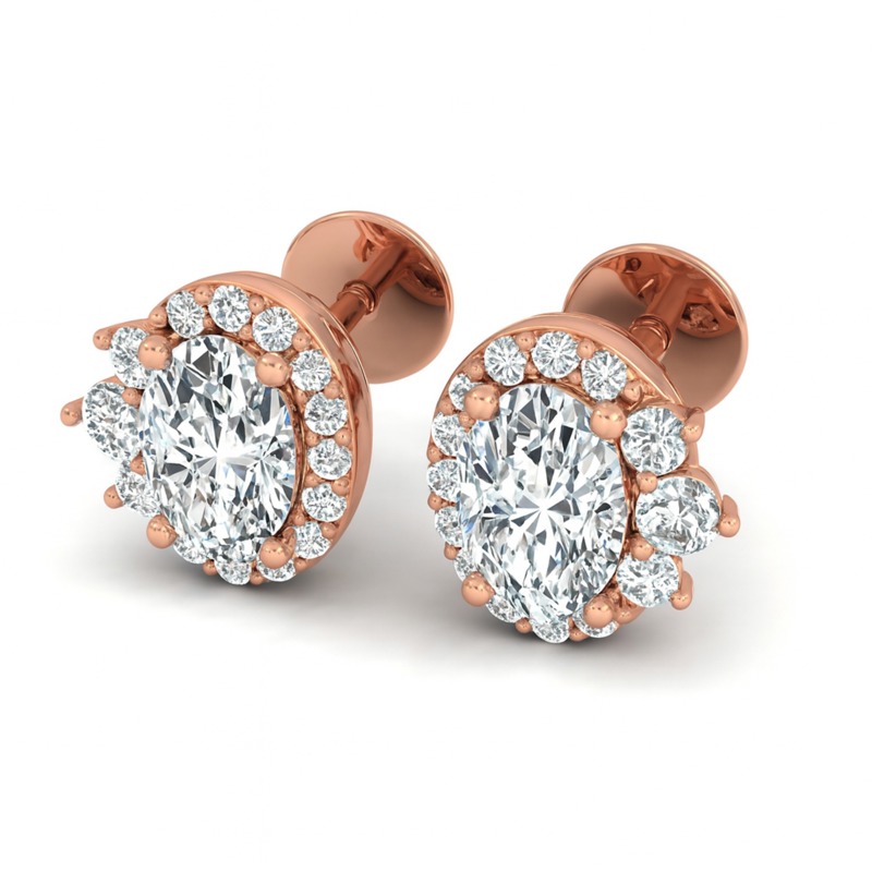 11/4 Cts. Oval Center 3 Stone Halo Ear Stud