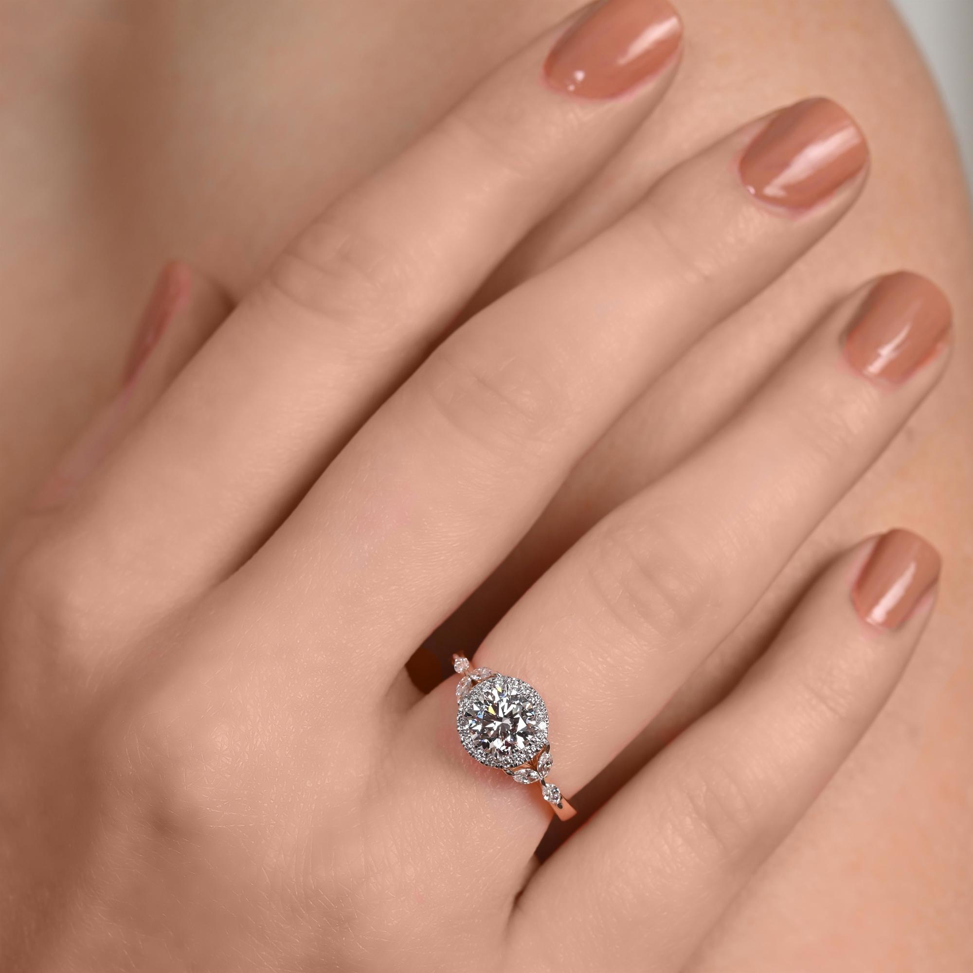 Round Halo Bay Leaf Ring