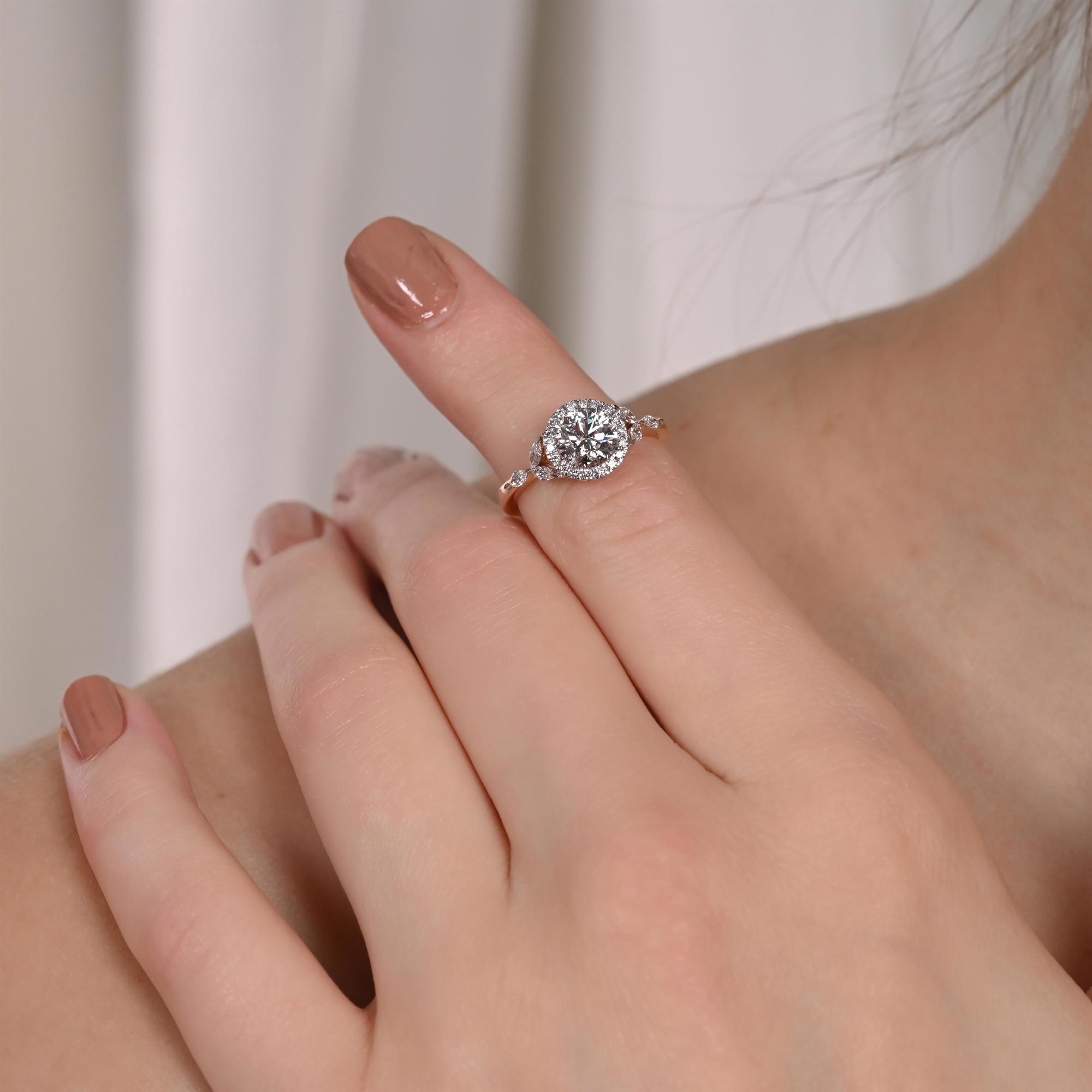 Round Halo Bay Leaf Ring