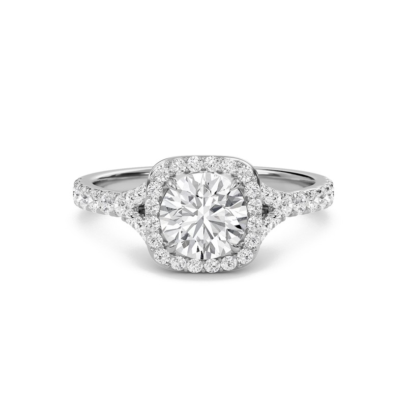 Round Halo Split Shank Engagement Ring